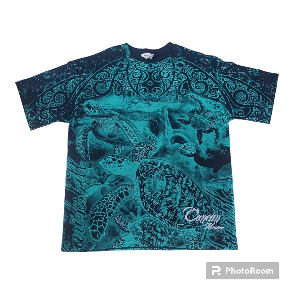 Vintage Euro All Over Print Sea Animals Cancun Mexico Shirt Size XL Sea Turtles